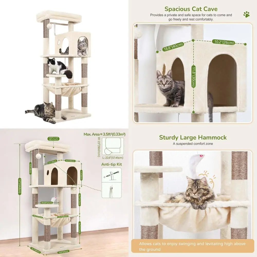 53 High Plush Indoor Cat Tree with Hammock, Cave, and Padded Bed, Beige F53