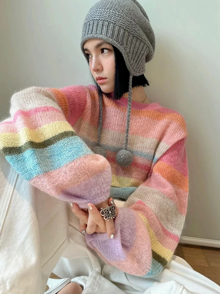 Zoki Women Sweet Rainbow Striped Sweaters Korean Loose Casual Knitted Jumpers Fall Long Sleeve Female O Neck Elegant Jumpers New