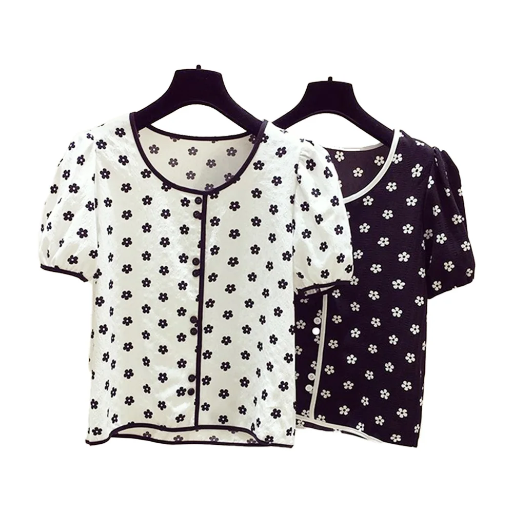 

Хлопковая однобортная женская блузка с цветочным принтом, круглым вырезом и коротким рукавом, рубашка, женские топы, женская одежда, мода 2024, лето