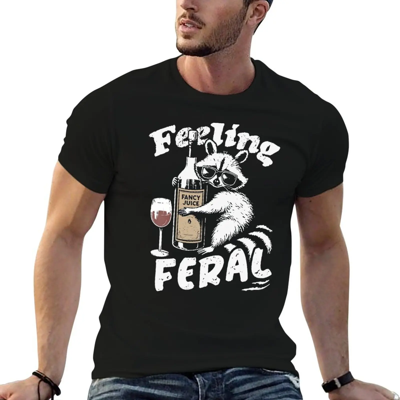 Womens Feeling Feral Funny Raccoon T-Shirt Fashion Pattern Printed Tee Shirt