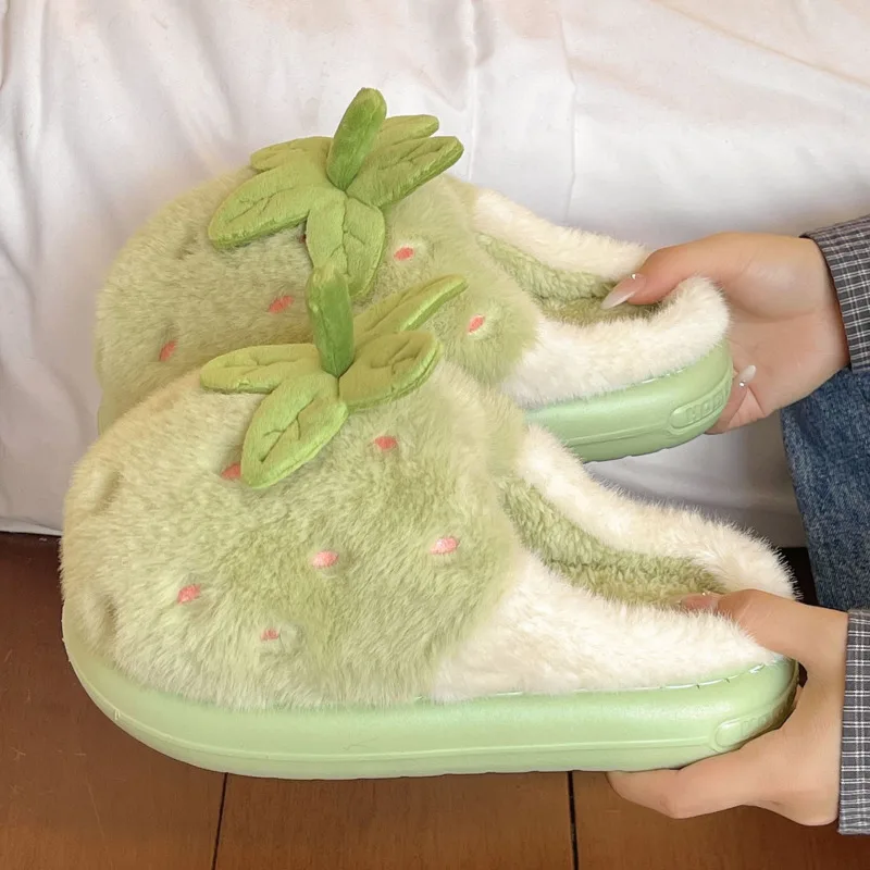 딸기 모양 면 슬리퍼 여성용 Y2K 귀여운 플러시 따뜻한 실내화 미끄럼 방지 두꺼운 밑창 겨울 과일 슬리퍼 편안한 홈웨어 신상품