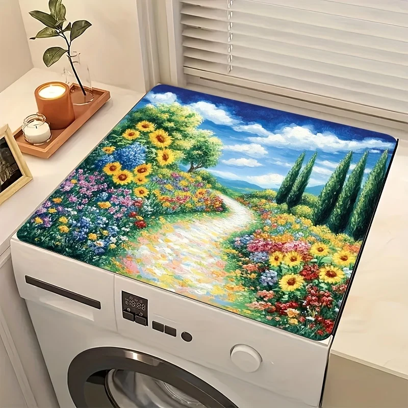 

1pc Washer & Dryer Cover Protector Mat - Vibrant Garden Landscape Design, Durable Polyester, Fits Most Appliances, Dish Drying M