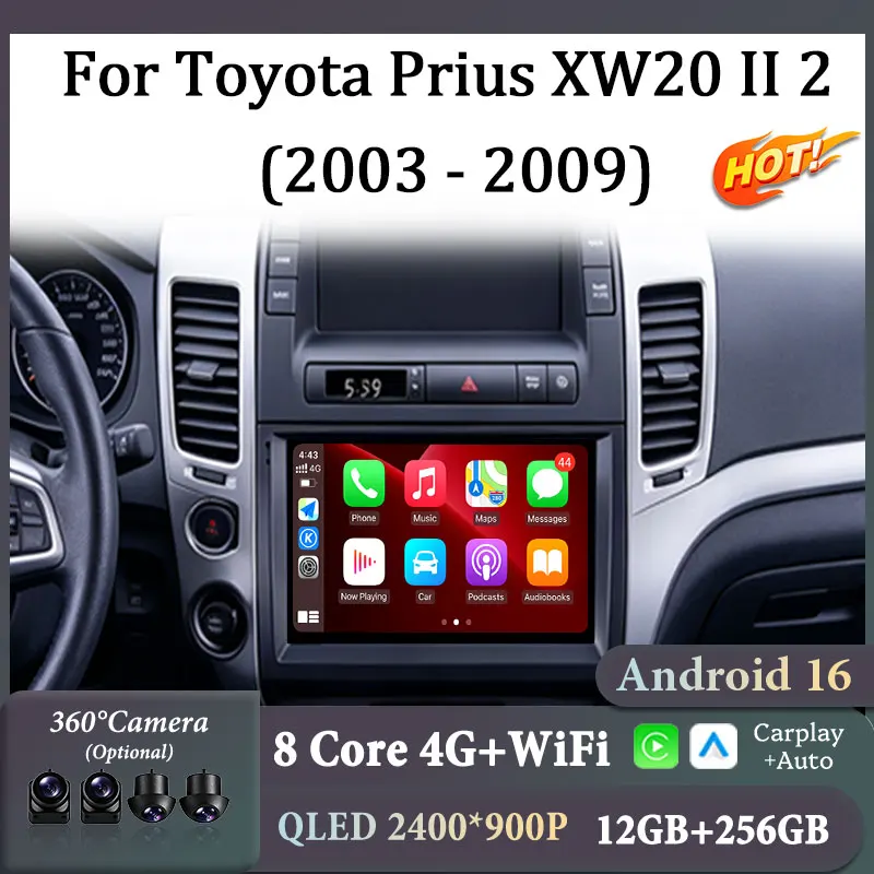 For Toyota Prius XW20 II 2 2003-2009 9 Inch Android16 Car Multimedia Player WiFi Android 16 Auto GPS Navigation Car Radio Stereo