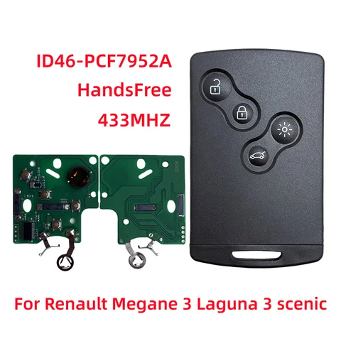 Keyless 433Mhz ID46-PCF7952A Chip For Renault Megane 3 Laguna 3 Scenic Fluence Laguna iii Smart Remote Car Key Card 4 Buttons