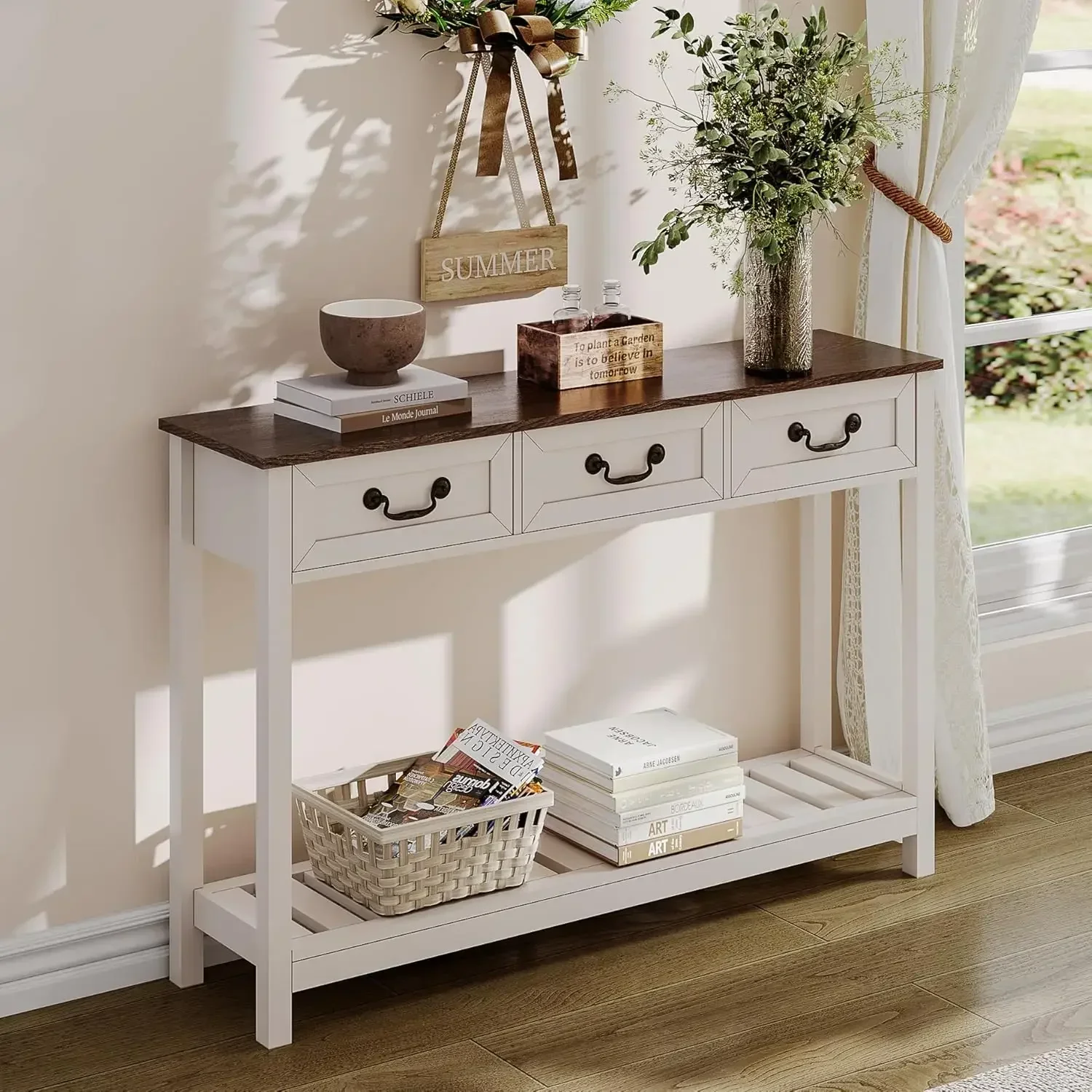 

47" Farmhouse Console Table with 3 Drawers, Rustic Entryway Table, Narrow Long Sofa Table for Living Room, Hallway, Behind Couch