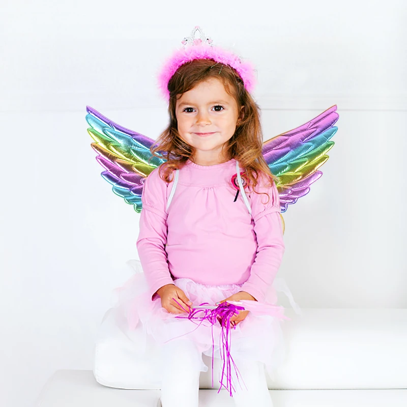 Rainbow Angel Wings Unicorn Headband Costume Hairband Set Unicorn Theme Girls Birthday Baby Shower Performance Decor Photo Props