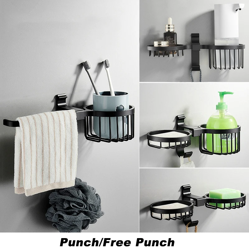 

1Pc Perforation-Free Bathroom Wall-Mounted Soap Box Double-Layer Drain Rack Shelf Space Aluminum Towel Bar