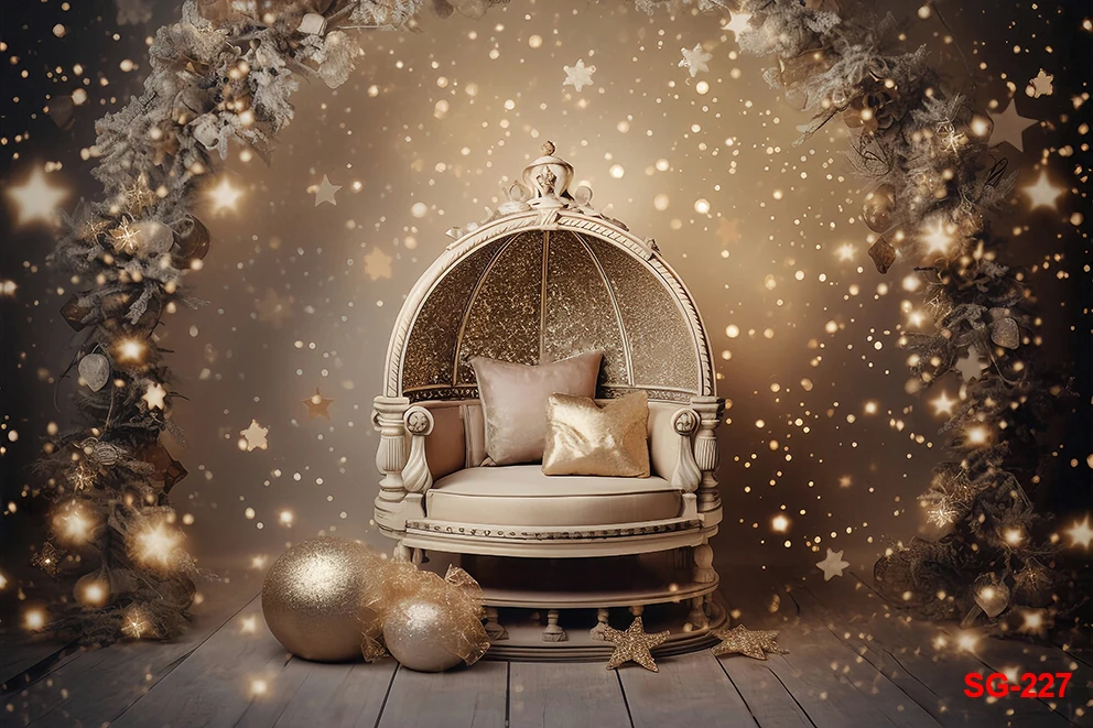 Christmas Lounge Chair Background Winter Sparkling Star Forest Snow Glitter Xmas Tree Kids Party Banner Photography Backdrop