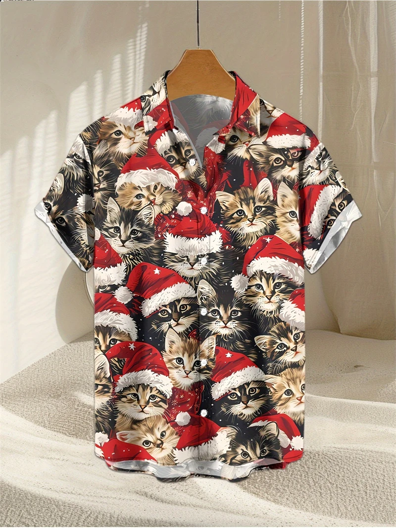 New Santa Claus Graphic Hawaiian Shirt Unisex Fashion Cartoon Shirts Short Sleeve Blouse Christmas Festive Vacation Tops 2025