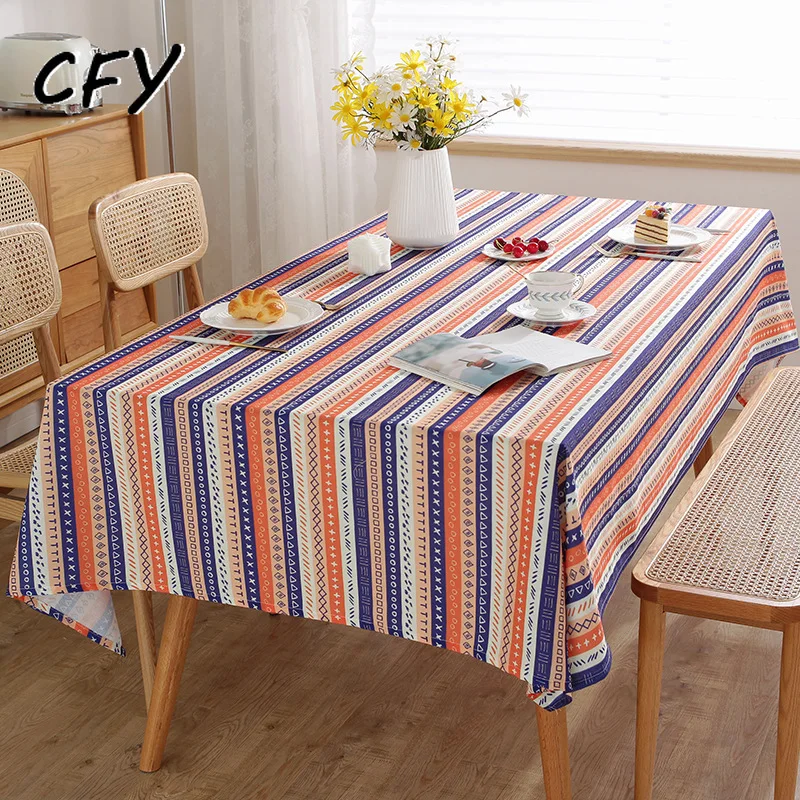 American Style Pastoral Stripes Pattern Cotton Linen Rectangular Tablecloth Home Coffee Dining Table Fireplace Microwave Cover