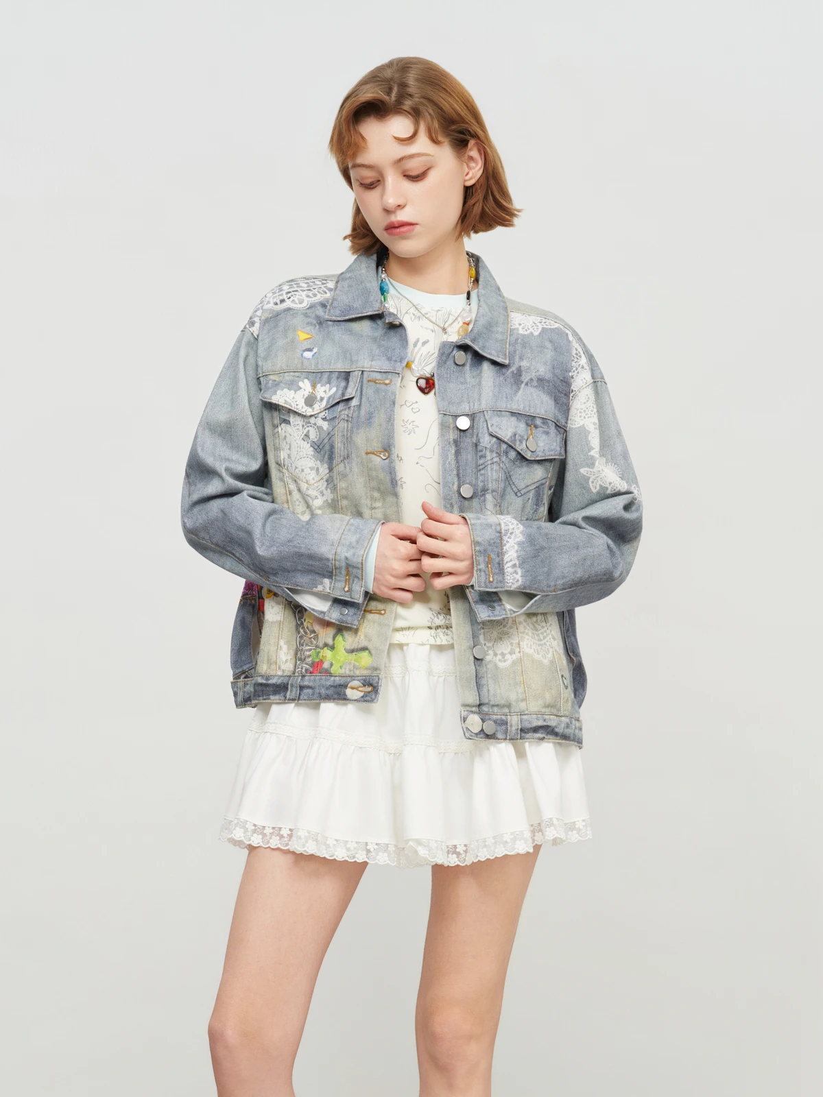 

Куртка SOFITTE из денима с 3D-принтом и кружевной цепочкой, свободный крой, осенне-зимняя верхняя одежда, хлопок, длинный рукав, застежка-молния