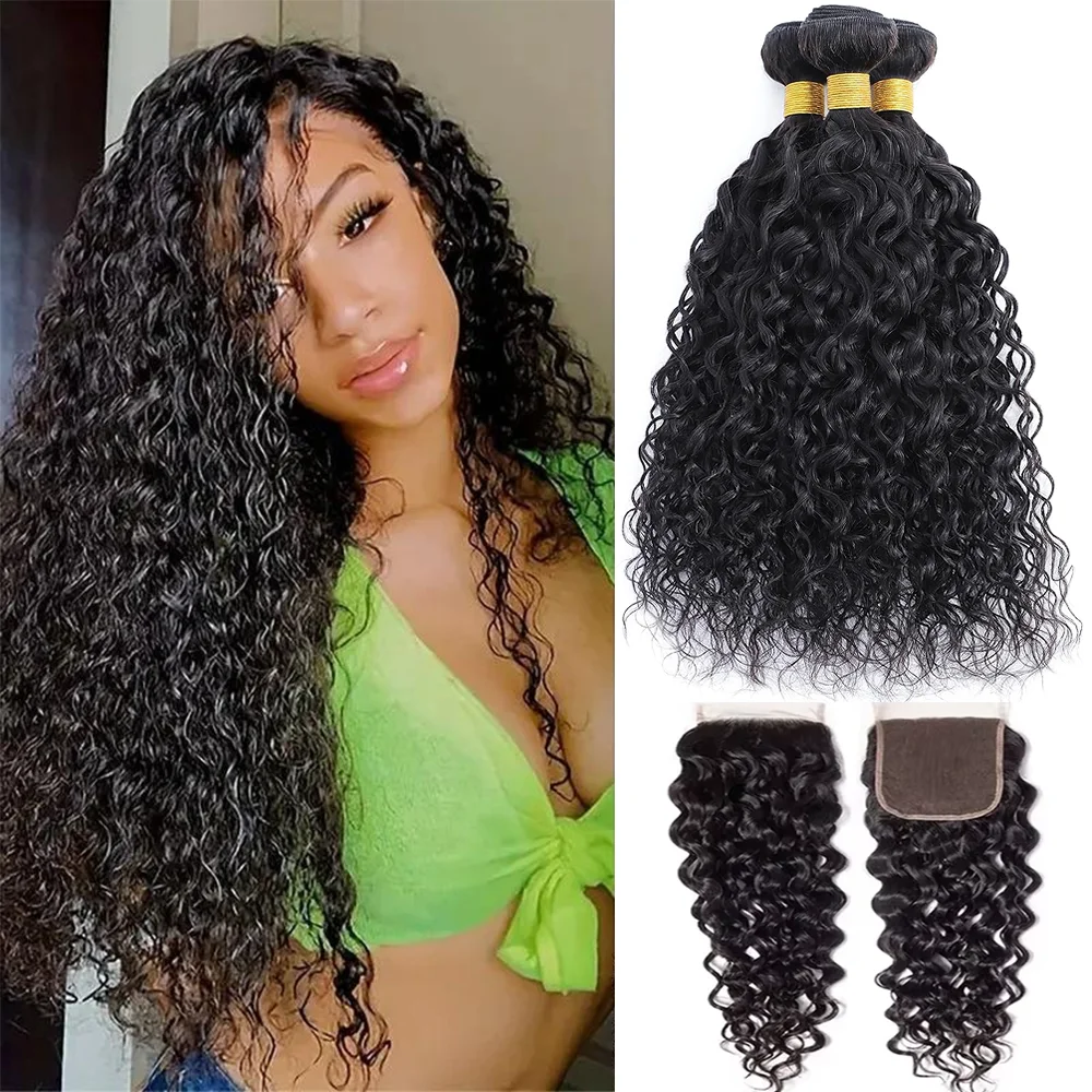 Brazilian Curly Human Hair 3 Bundles with Closure water wave Human Hair Weave 100% Unprocessed Hair Weft Extensions