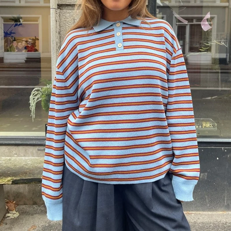 Y2k خمر الضلع محبوك مخطط الياقات سترة فضفاضة طويلة الأكمام البلوز متماسكة القمم عادية الشتاء الخريف 2025 البلوز الملابس #3