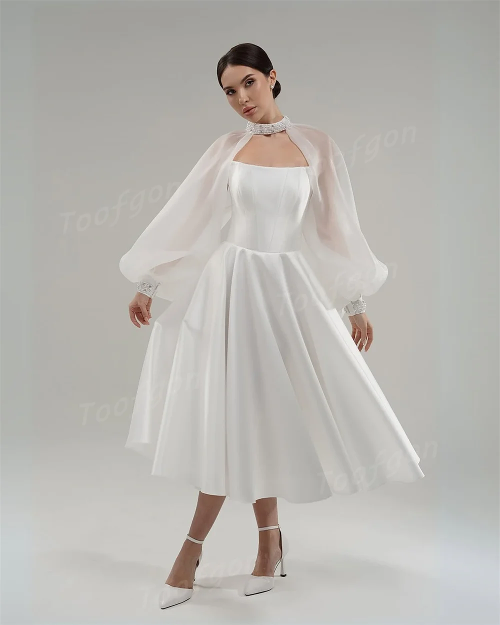 Toofgon Tea-length Long Puff Sleeve Prom Dresses Women Sequin Satin Customized Formal Party Gowns Draped A Line Evening Dress