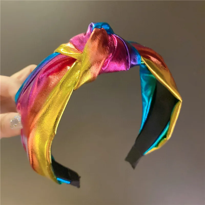 Unique Rainbow PU Leather Hnotted Headbands Women Fluorescent Bright Color Dance Party Hair Accessories Glowing Cloth Headwear