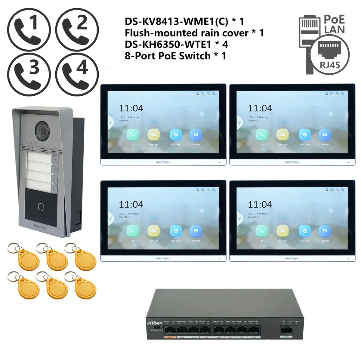 HIKVISION Original mehrsprachiges POE-Video-Gegensprechanlage-KIT, einschließlich DS-KV8113-WME1(C) und DS-KH6350-WTE1 und PoE-Switch
