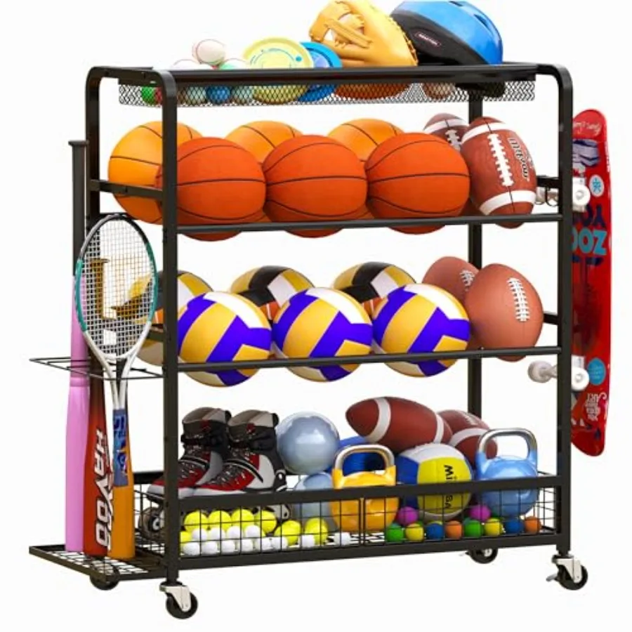 

Garage Sports Equipment Organizer with Wheels and Basket Black Ball Storage Cart with Baseball Bat Rack and Hooks for Toy Stora