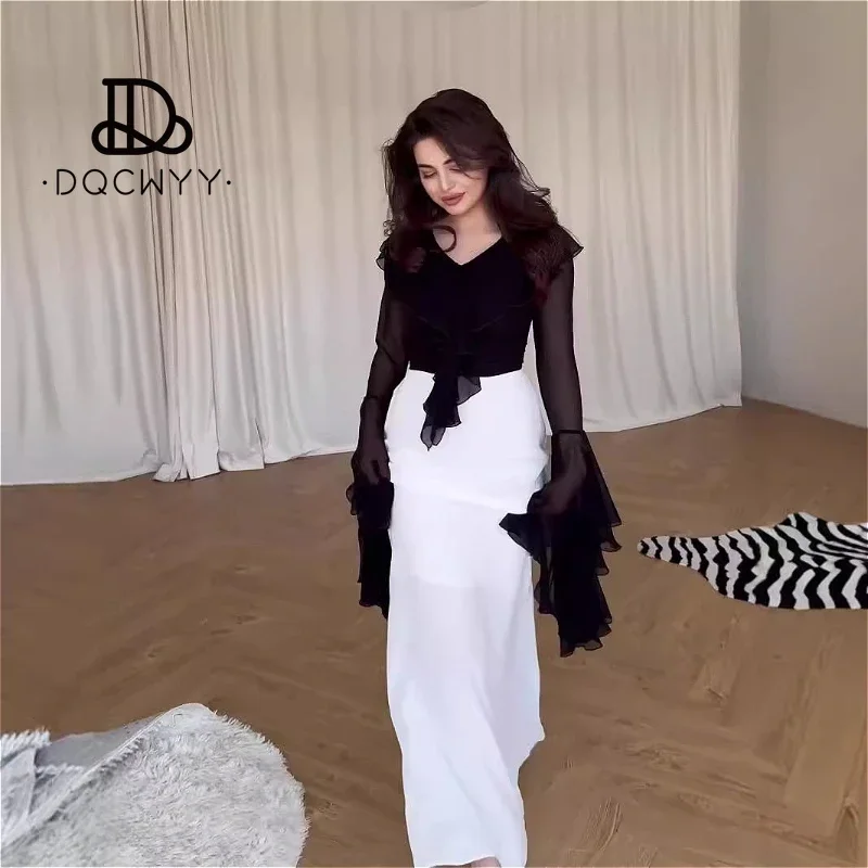 Autumn Womens Dresses Long Lotus Leaf Swing Sleeve Elegant and Sweet Splicing Hip Wrap Slim Lace-up Party Dresses Woman Clothing