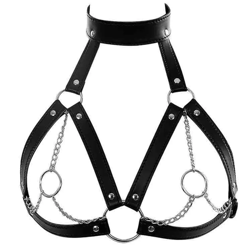 Donne Bondage Imbracatura per il corpo Lingerie Goth Crop Top Reggiseno in pelle Gabbia BDSM Collare Imbracatura per il corpo Cintura Catena Seni schiavi Giocattoli del sesso