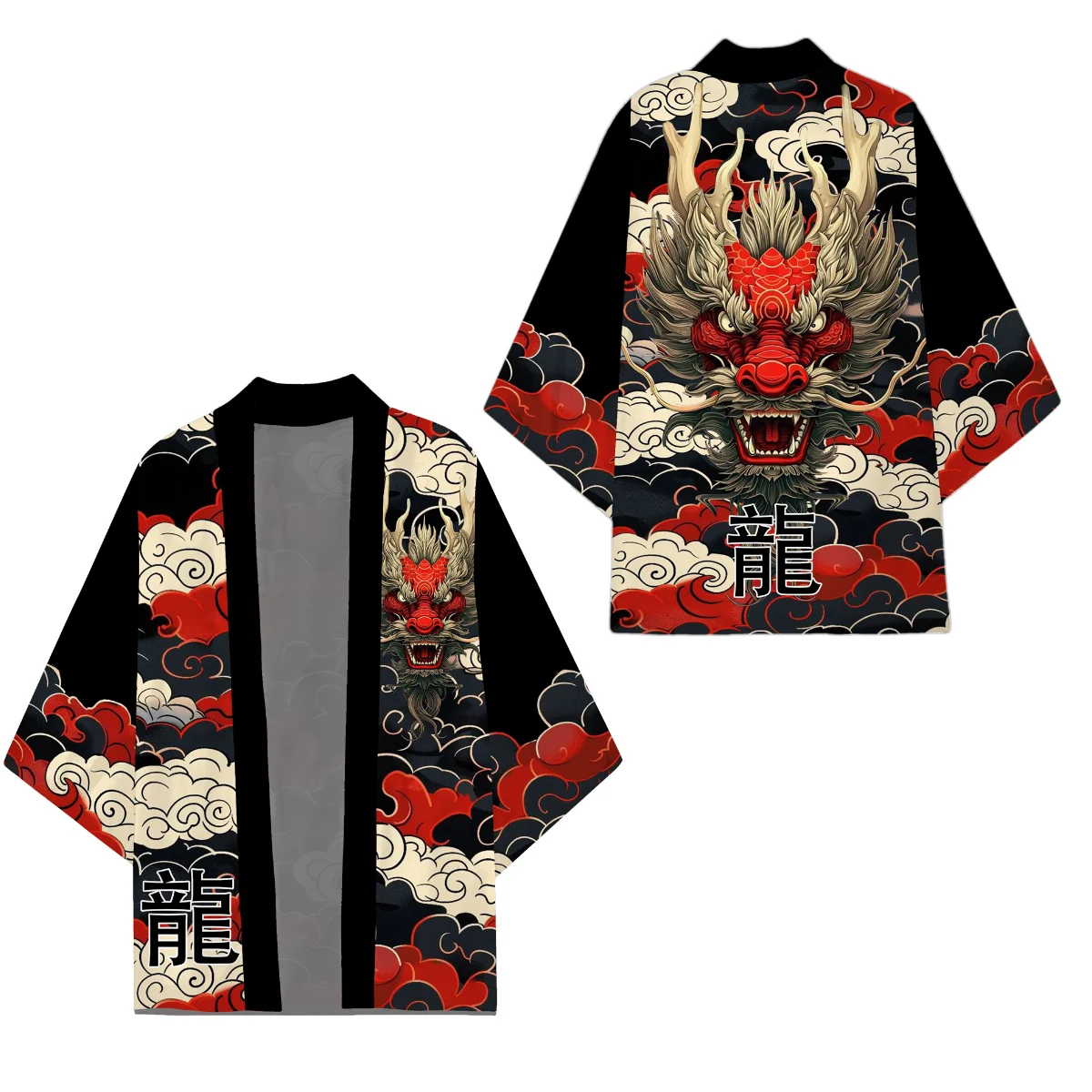Dragon Black Printed Cloak Japanese Kimono National Style Pattern Men's Top Women's Shirt Harajuku Otaku Man Mantle Casual Cloth