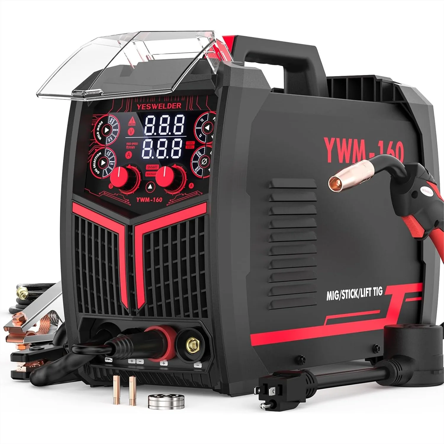 

160A MIG Welder 4 in 1, 110V/220V Dual Voltage, Gas MIG/Flux Core/Lift TIG/Stick, LED Display Welding Machine for Auto DIY