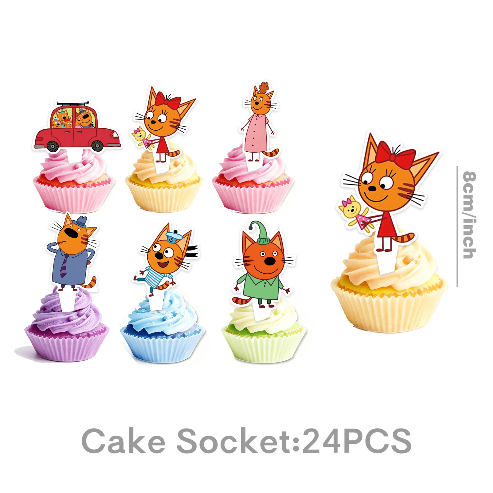 Dekoration für die Geburtstagsfeier mit dem Thema „Drei kleine Kätzchen“, Tischdecke, Teller, Becher, Servietten, Kuchendekoration, Partygeschenke mit drei Katzenmotiven