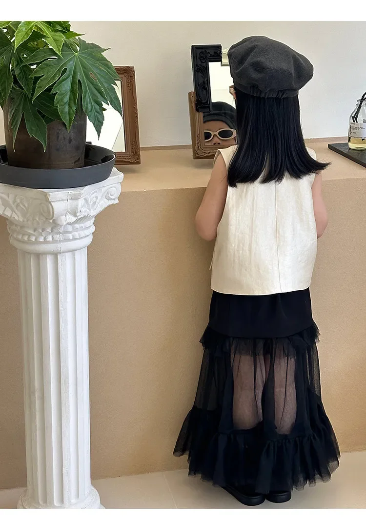 Girls Tulle Skirt 2024 Summer New Korean Style Mesh Patchwork Long Skirt Cool Handsome Skirt Girls Half Skirts Fashion Skirts