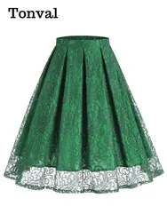 Tonval Retro Elastic Waist Green Solid Lace Overlay Pleated Skirt for Women 2023 Vintage Style Midi Skirts Elegant