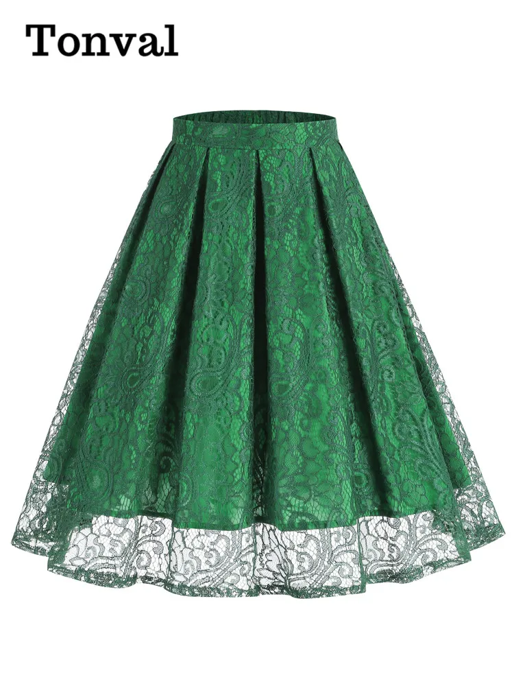 Tonval Retro Elastic Waist Green Solid Lace Overlay Pleated Skirt for Women 2023 Vintage Style Midi Skirts Elegant