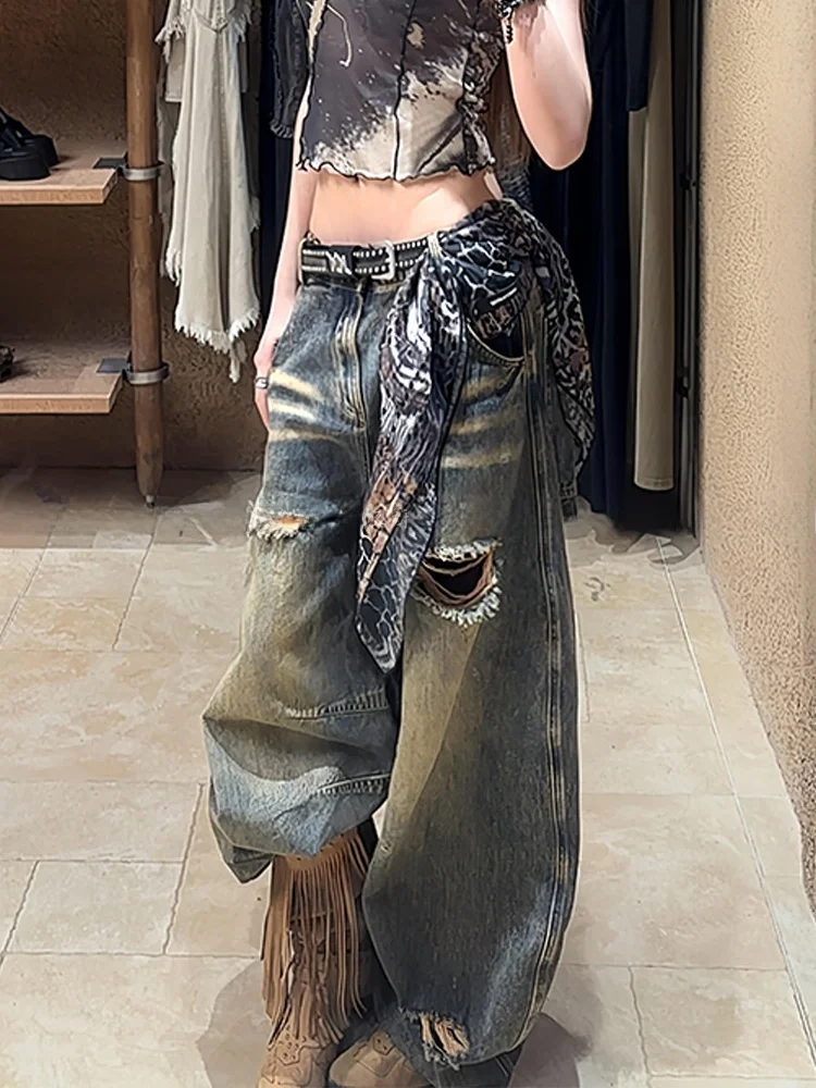 

Washed American High Street Women's Jeans Loose Drapey Hole Punching Summer New Style Spicy Girl Floor-Length Curved Knife