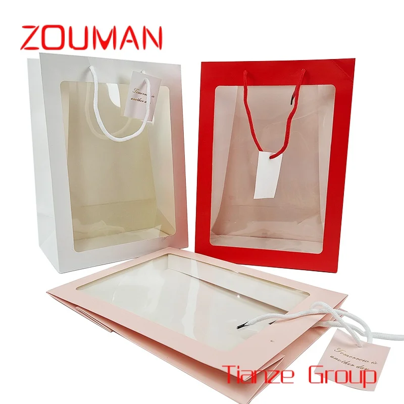 Custom , Cheap Price Tote Bag Designer Branded Custom Printed Your Logo Luxury Gift Packaging Pink Paper Shopping Bag with Windo