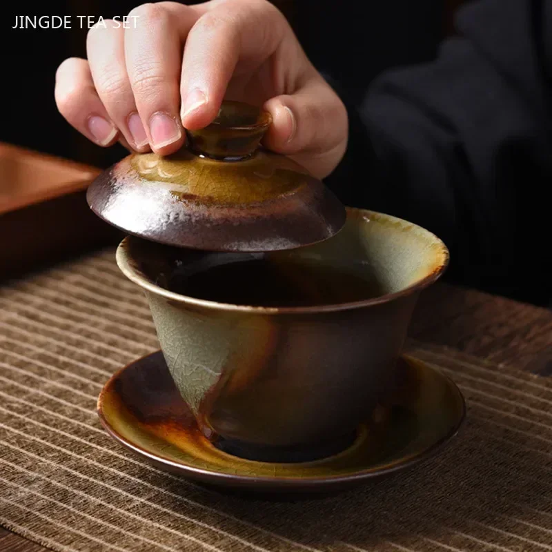 Wood-fired Kiln Changed Ceramic Gaiwan Household Handmade Beauty Teacup Retro Ceramic Tea Bowl Chinese Tea Accessories