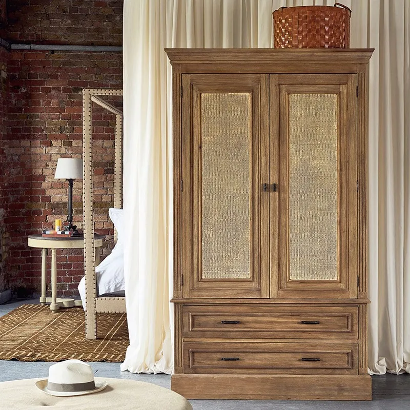 Solid wood storage cabinet French retro double open wardrobe Small apartment double door locker Furniture wardrobe