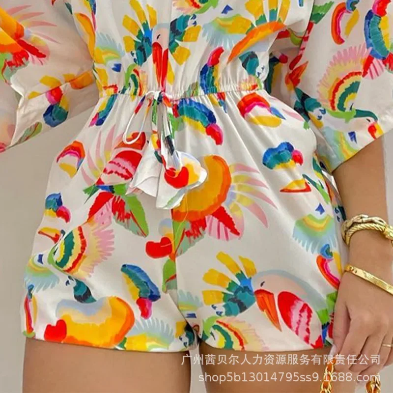 Playsuits النساء قطعة واحدة السراويل القصيرة الخامس الرقبة طباعة نصف كم حللا ضيق عالية الخصر وزرة أنيقة السروال القصير ارتداءها