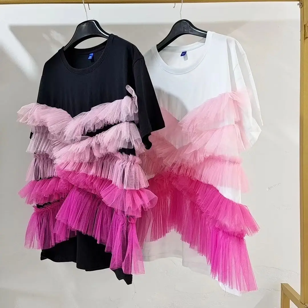 

Irregular Mesh Splicing Ruffles T-shirts Loose Summer Gauze Ruched Patchwork Tees Contrast Color Short Sleeve Jumpers Crop Tops