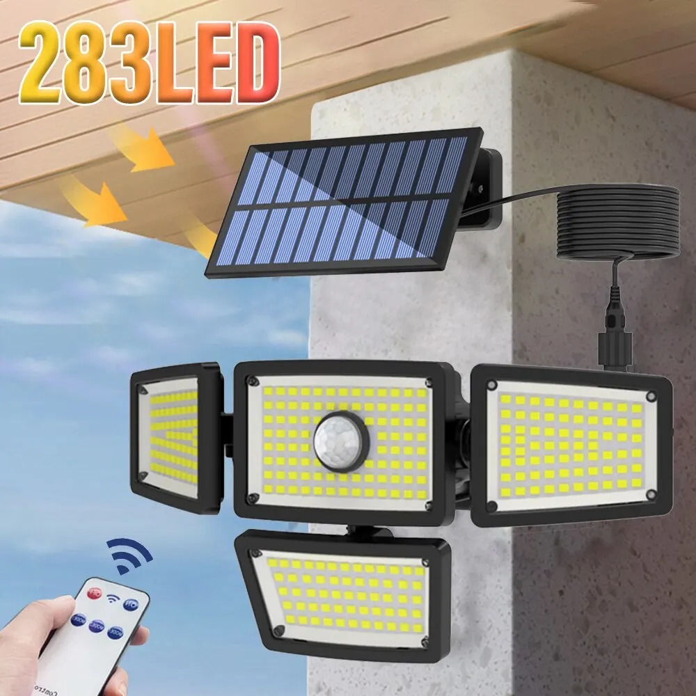 283LED Solar Outdoor Light, Motion Sensitive Floodlight with Remote Control and 5m Extension Cord, 3 Modes, for Patio Garage