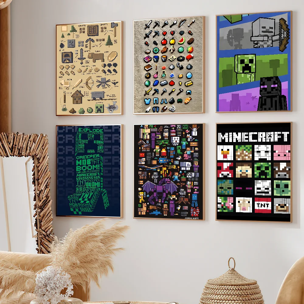 Póster de píxeles artístico m-minecraft, pintura autoadhesiva, decoración para sala de estar, oficina, dormitorio, pegatinas de pared para el hogar, impresiones