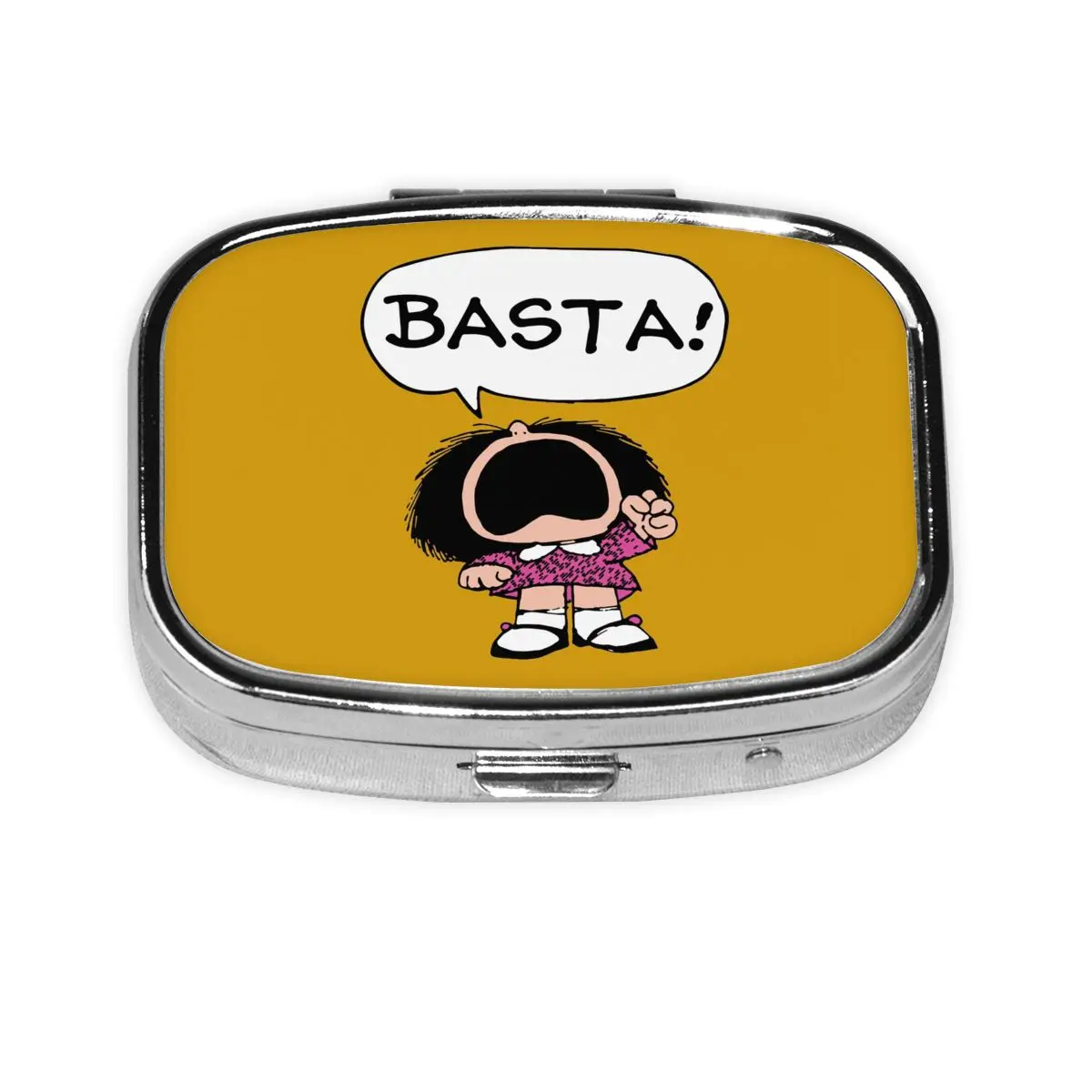 

Пользовательские Mafalda Basta квадратные коробки для таблеток Quino Аргентина мультфильм маленький металлический контейнер для таблеток аптечка диспенсер