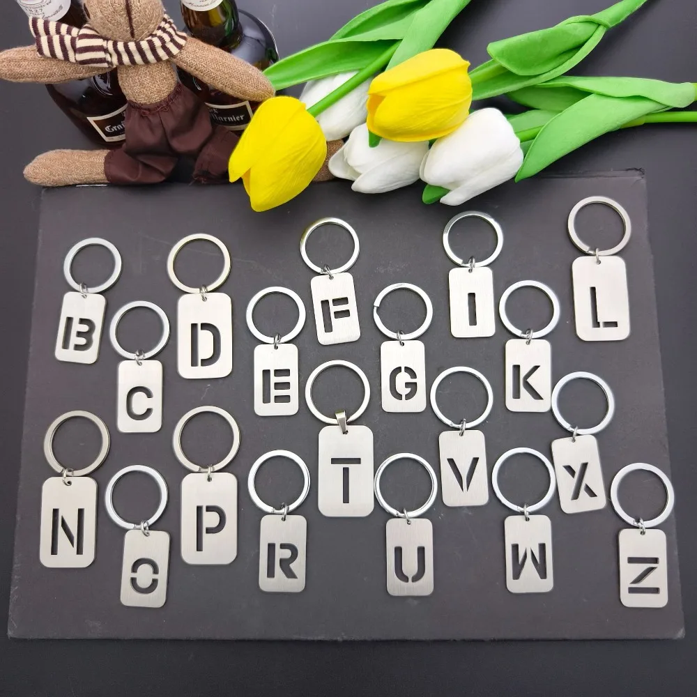 

New Creative Hollowed Out 26 Letter Key Ring Initial Letter Stainless Steel Keychain Brushed Military Brand Keyring DIY Gifts