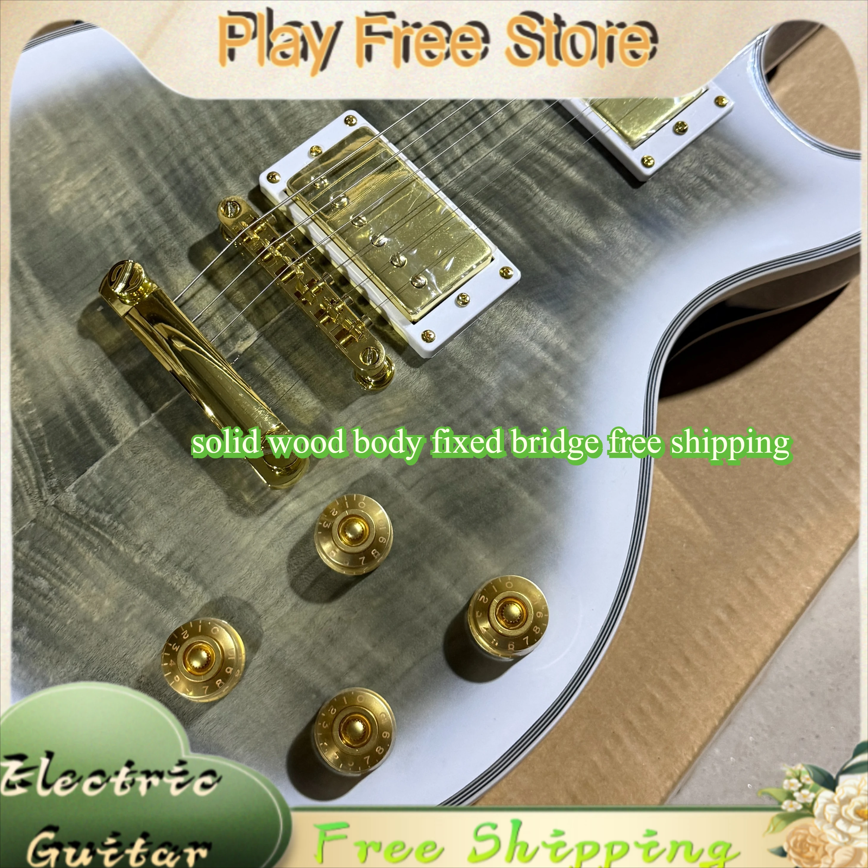 Tiger Patterned White Gold LPS Electric Guitar Color Shell Inlaid Solid Wood Body Fixed Bridge Free Shipping Exquisite