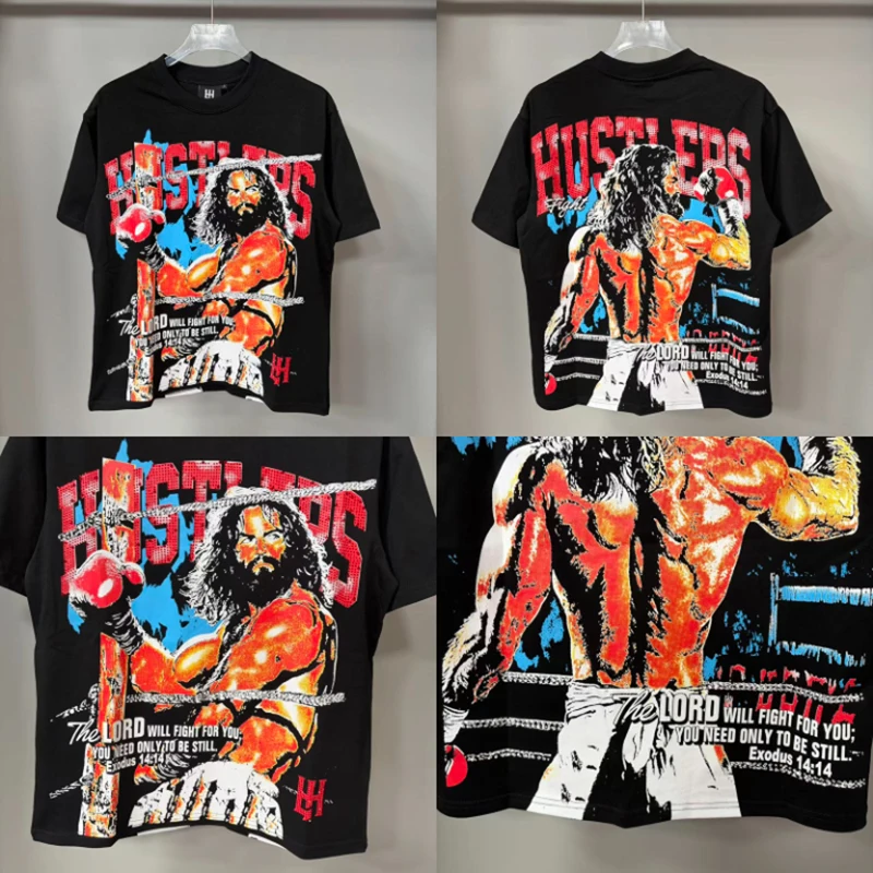 26ss LIFE HUSTLERS Short Sleeved American Boxing Printed T-shirt for Men's Casual Loose LIFE HUSTLERS Top