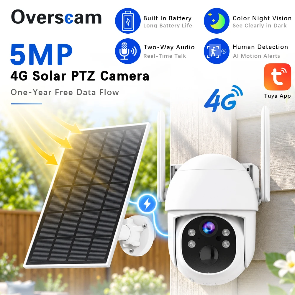 Tuya 5MP Solar 4G VirtualCard Free Gift One Year Data Surveillance SmartLife Home Security Camera PIR Detection 360° PTZ Control
