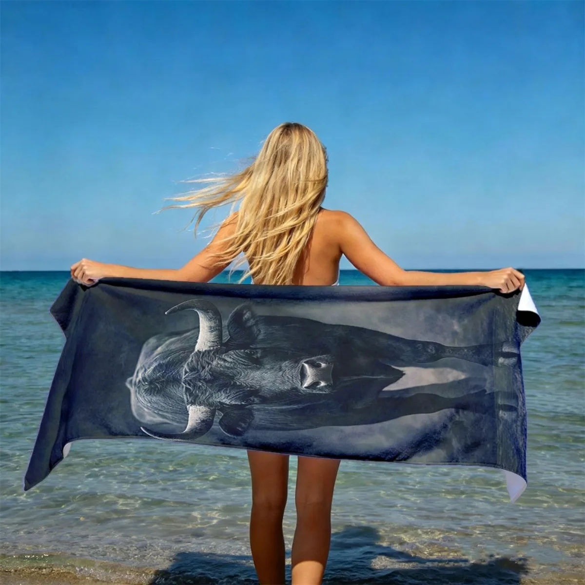 Black Bull Beach Towel, Realistic Animal Print, Powerful Cow Design, Quick Dry Microfiber, Sand Free, Oversized for Men & Women