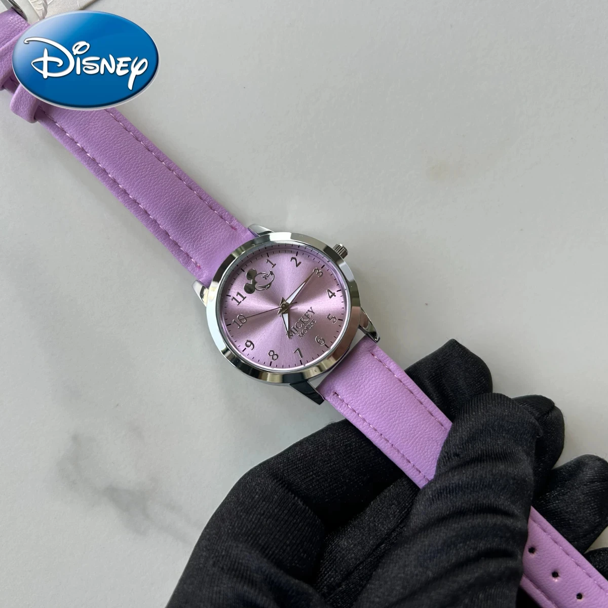 Relógio de quartzo mickey feminino da disney, roxo, cor da sorte, estudante, impermeável, presente para crianças, caixa incluída