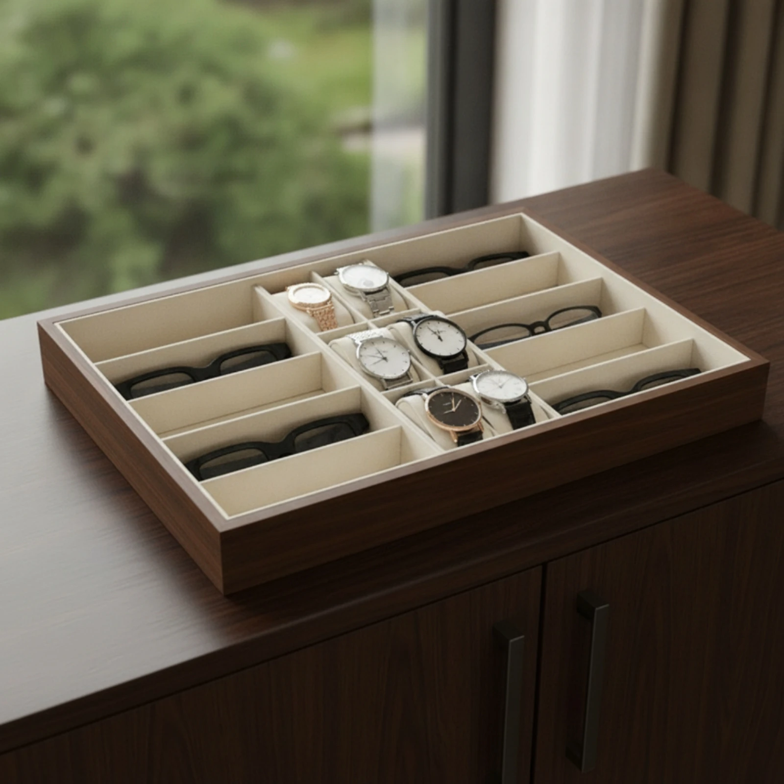Wooden Tray with Compartments Partitioned Valet Tray Organizer Open-Top Rectangular for Vanity, Desktop