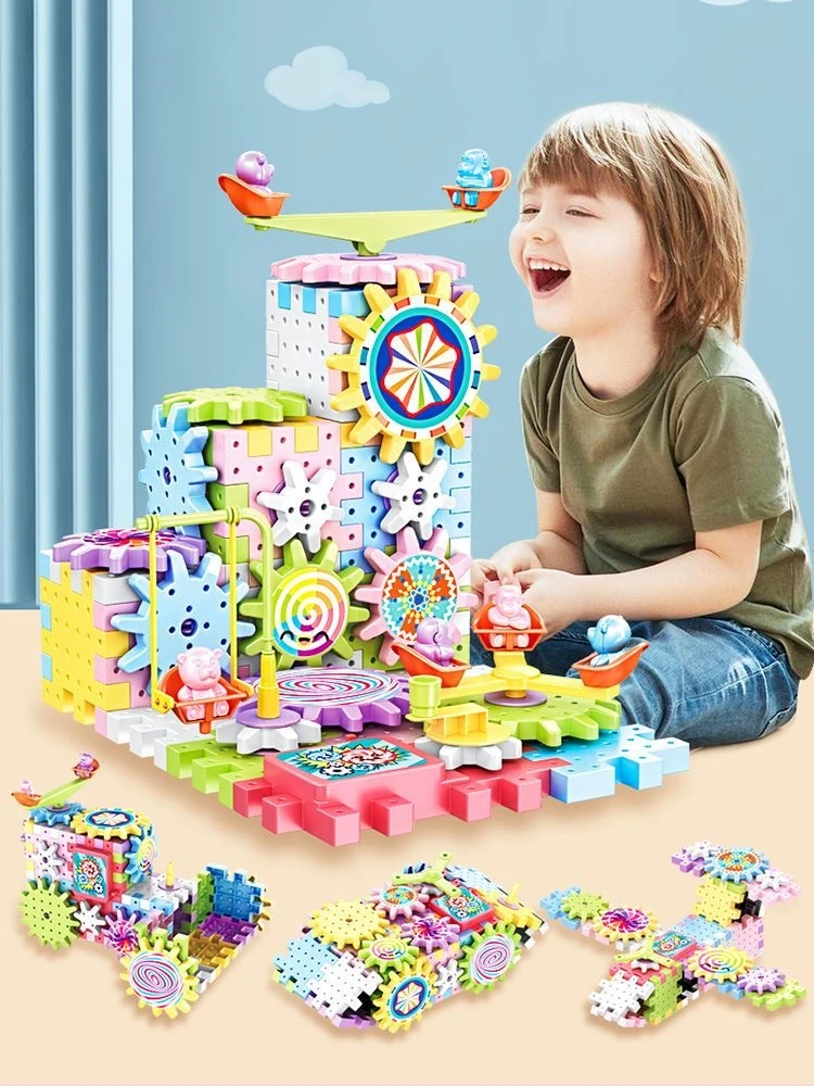 Zestaw zabawek Montessori dla dzieci z klockami przekładniowymi, obrotowy zestaw przekładni, samochód na szynach z przekładniami, duży zestaw do budowania, zabawka STEM, zestaw świąteczny do budowania.