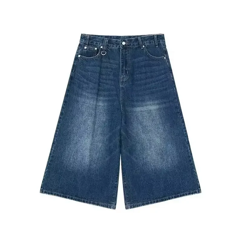 Men Women Y2k Style Baggy Denim Shorts Wide Leg Short Pants Fashion High Waisted Dark Wash Knee Length Loose Unisex Jeans Casual