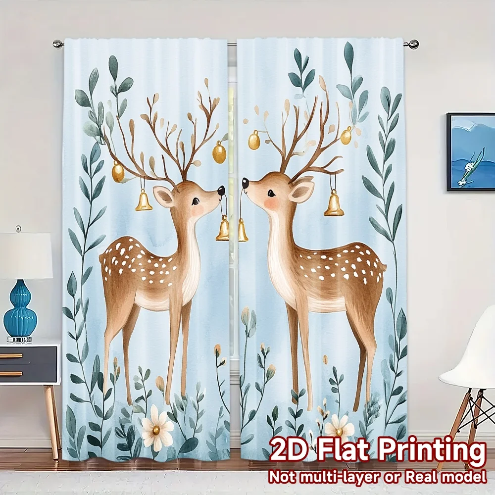 2pcs,Curtains Cute Deer with Bells (2) Modern Curtains Digital Printed Prints Light Filtering Curtains Decorations For Home