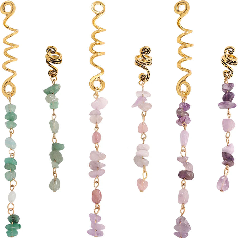 

6pcs Stone Pendant Hair Braiding Jewelry Spiral Coils Cuffs For Braid Dreadlock Alloy Beads Lightweight Durable Hair Accessories