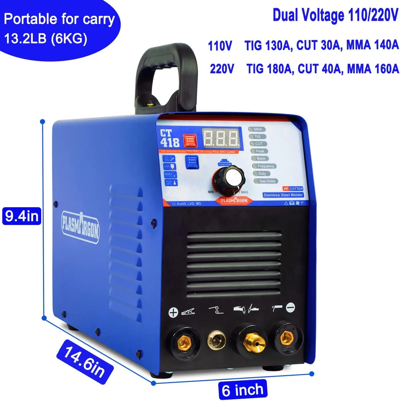 PLASMARGON Plasma Cutter Welder,CT418 220V 3-IN-1 40A CUT/180A Pulse TIG/160A Stick,IGBT Inverter LED Display,Fit DIY/Beginner